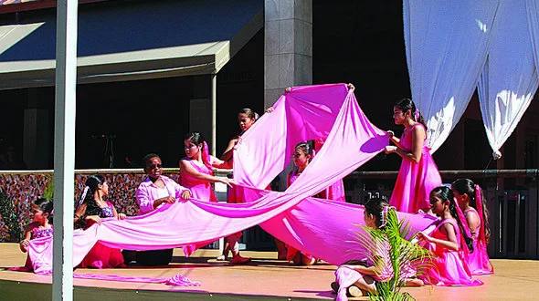 Ballet at the Park dancers performing with a pink ribbon at The Falls, 2013